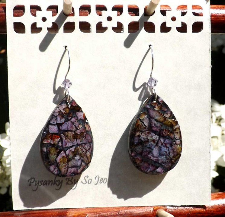 Purple Teardrop Earrings Eggshell Mosaic Jewelry by So Jeo